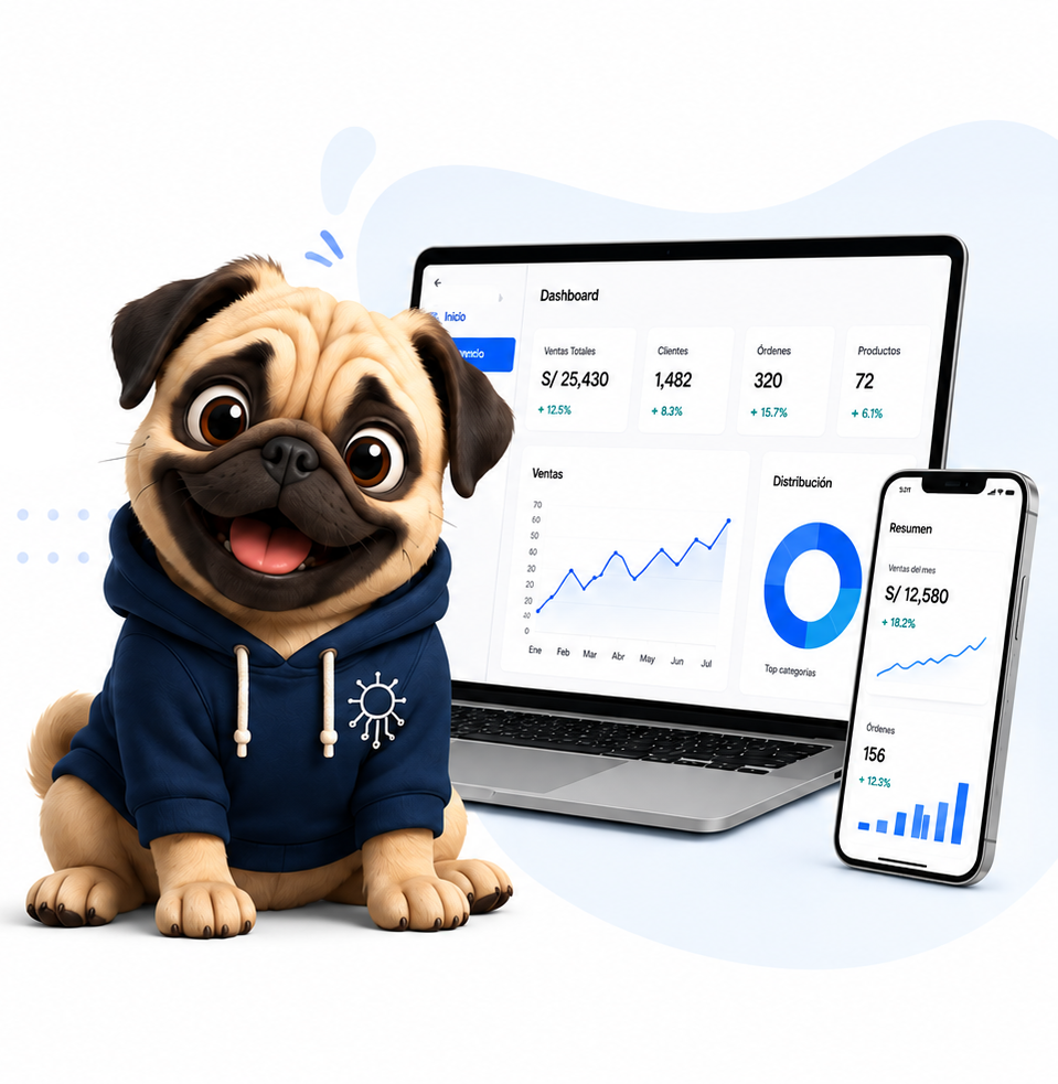 Mascota de Qhantiy Soft junto a laptop y celular mostrando un dashboard